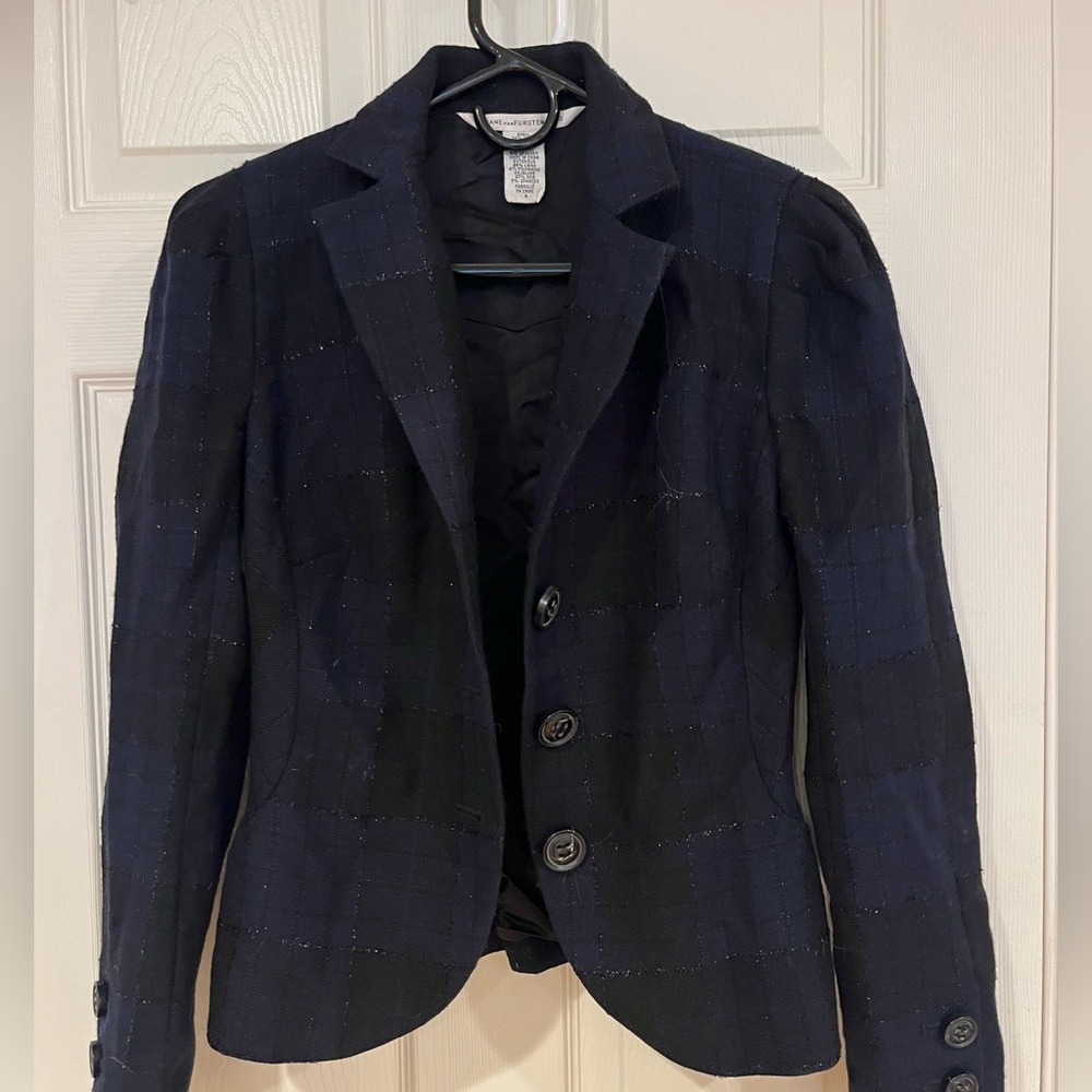 Diane von Fürstenberg plaid, navy and black blazer